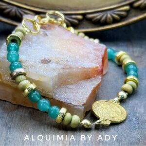Aventurine gemstones Green + GOLD SAINT BENEDICT + Beaded Bracelet